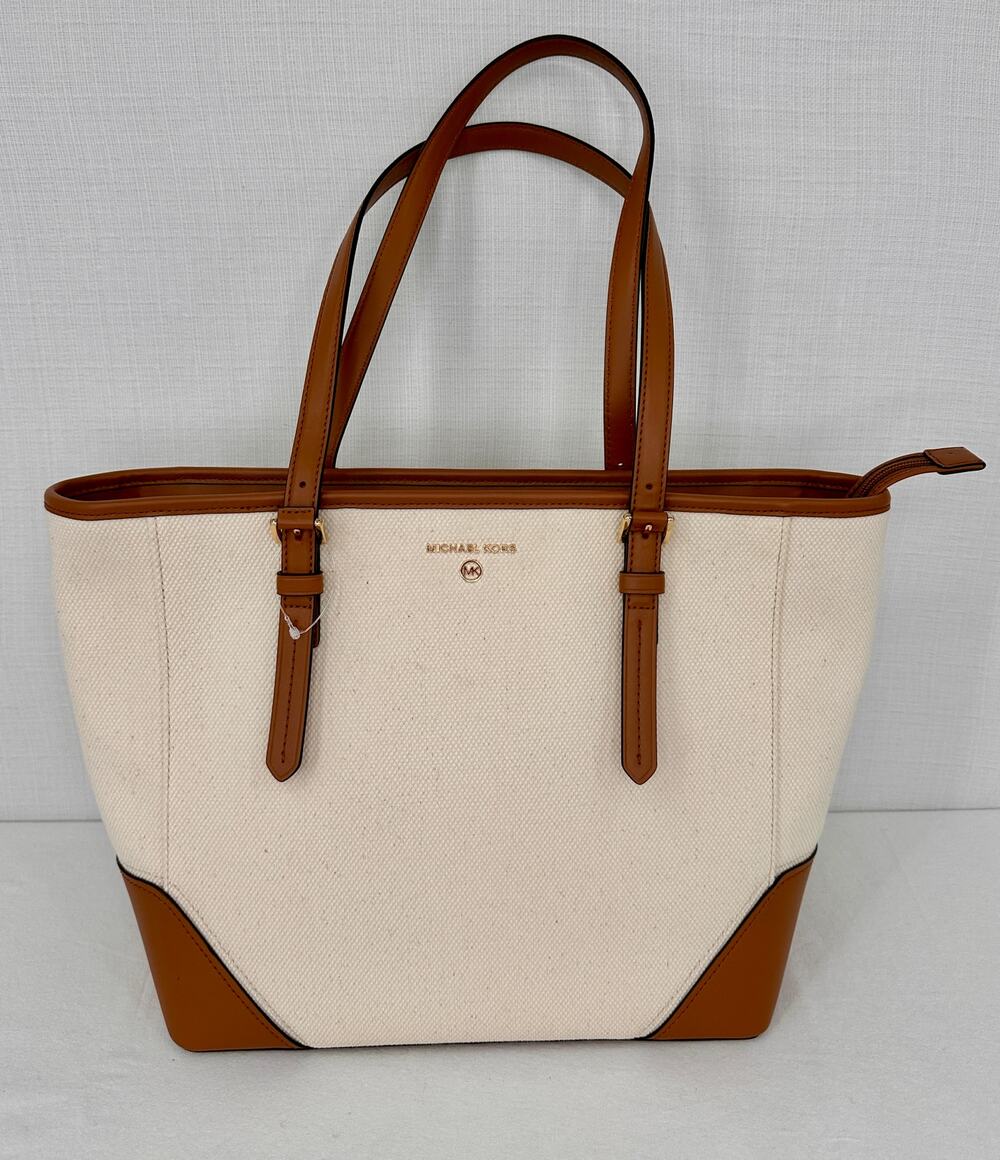 Michael Kors Aria Large Tote Natural Canvas Cognac Leather NWT 38R3GXAT3C